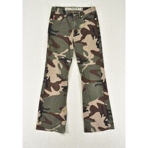 Vintage Y2K Mudd Camo Flare Pants Green Brown Woodland Print Denim Jeans